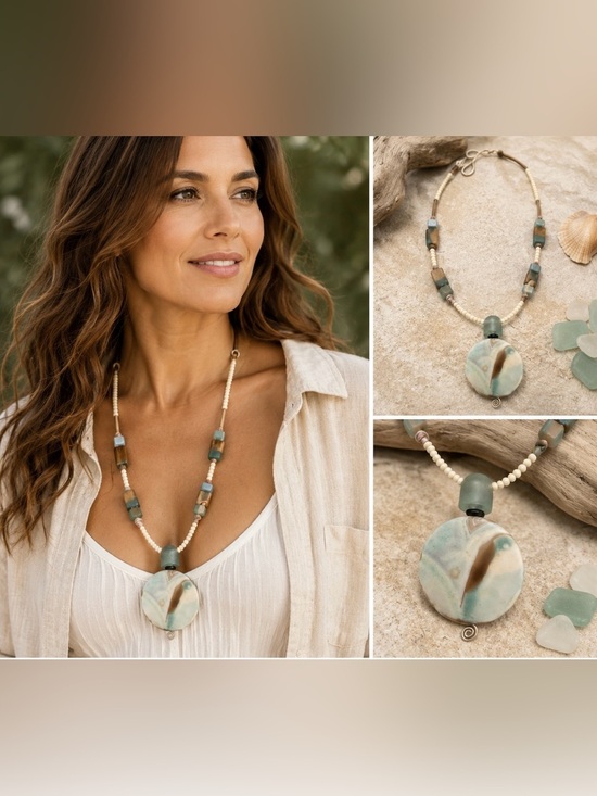 Jewelry - Agate Sea Glass Mother of Pearl Beaded Necklace | Artisan Statement Pendant